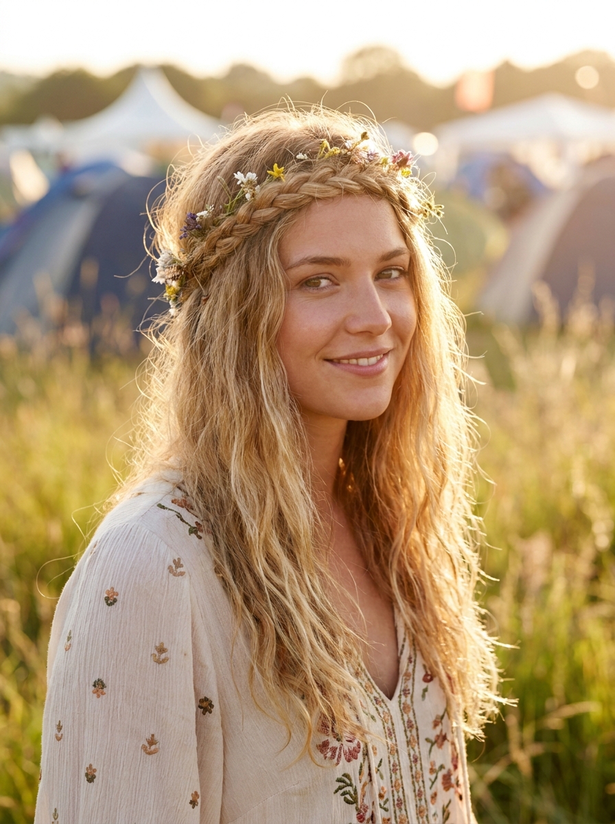 Boho Flechtkranz mit offenen Wellen als Festival Frisuren Inspiration 2026